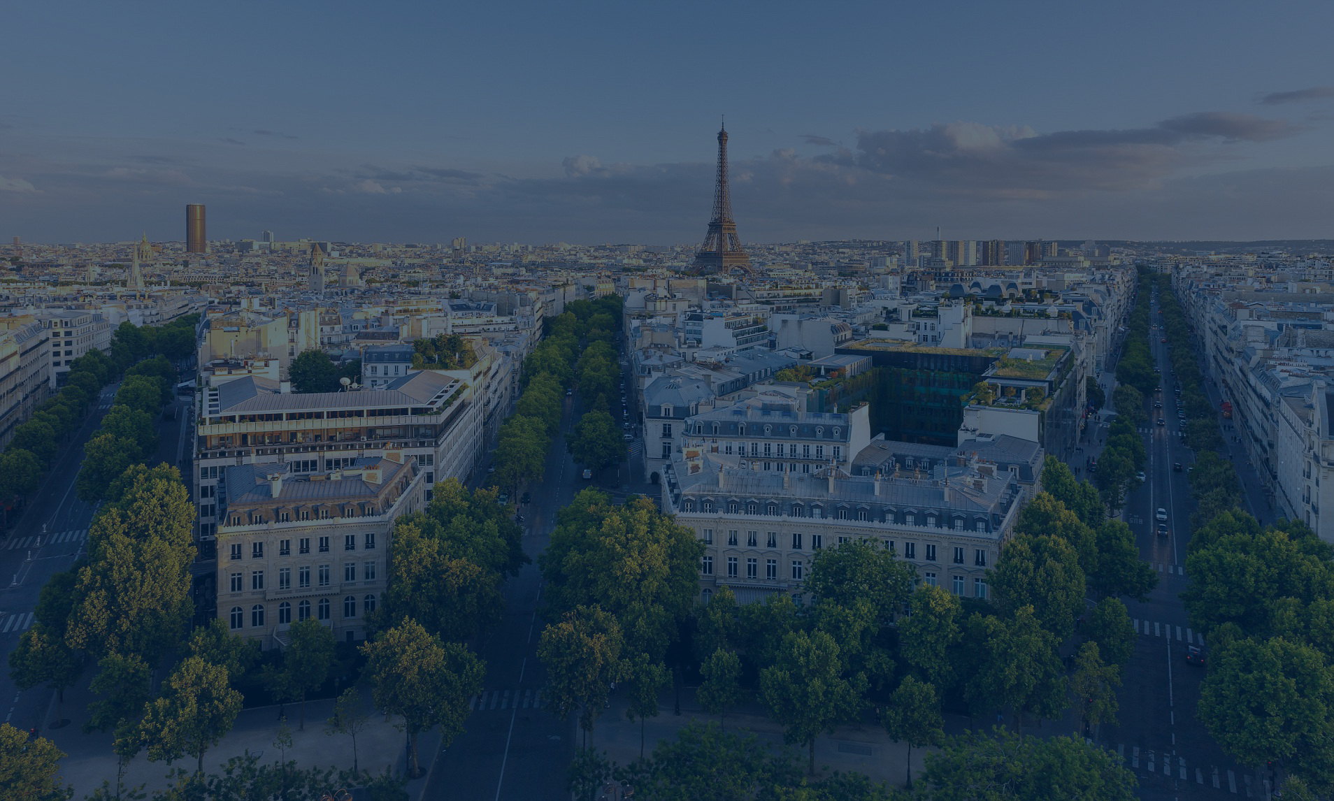 Paris from above showcasing rooftops, the Eiffel Tower, Paris tree-lined avenues with their haussmannian buildings. France